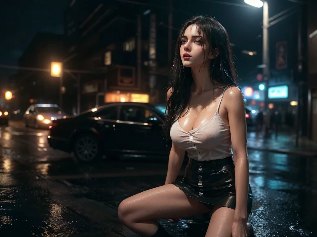 (((beautiful eyes))), ((full body)), (((posing, sexy pose, alluring pose 1.1))), (Best Quality,High Definition:1.2),Ultra detailed,realistic,Portrait, beautiful girl with gorgeous glowing blue eyes, gothic makeup, ( (big breasts)), big tits, ((covered nipples)), no underwear, revealing clothes, ((white button-down shirt)), (((black miniskirt))), ((luscious thighs)), in the rain, ((wet clothes)), street at night. (Best Quality, 4k,8k, High Definition, Masterpiece: 1.2), Ultra Detail, (Realistic, Photorealistic, Photorealistic: 1.37), Dramatic Lighting, Cinematic Lighting, Moody Atmosphere, Dark and Gritty, Dramatic Contrast, Rich Colors, Neon Lights, rain effects. (Perfect details:1.1), (beautiful and clear background:1.2), (Extremely detailed CG, Ultra detailed, best shadow:1.1), (perfectly detailed beautiful eyes), , close-up, cinematic lighting, vibrant colors, photorealistic, concept art style, high quality, 8K, HDR, physical rendering, extreme detail, blur, depth of field, blurred foreground,