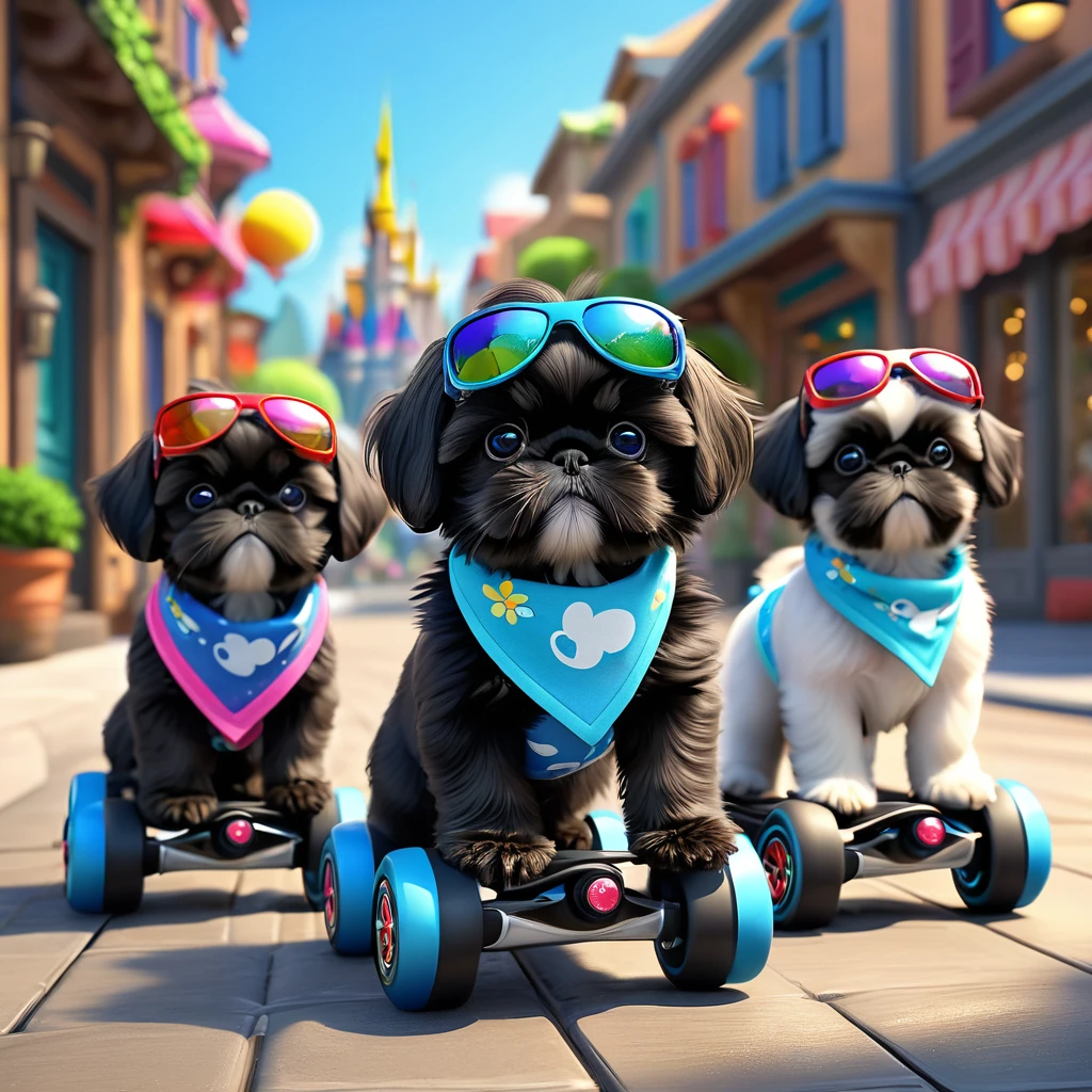 2 adorable small black shih tzu puppies,puppies wearing bright bandanas,puppies wearing sunglasses,puppies rollerblading,disney background,3d cartoon,3d render,disney pixar style,(best quality,4k,8k,highres,masterpiece:1.2),ultra-detailed,(realistic,photorealistic,photo-realistic:1.37),HDR,UHD,studio lighting,ultra-fine painting,sharp focus,physically-based rendering,extreme detail description,professional,vivid colors,bokeh,cute,adorable,charming,whimsical,playful