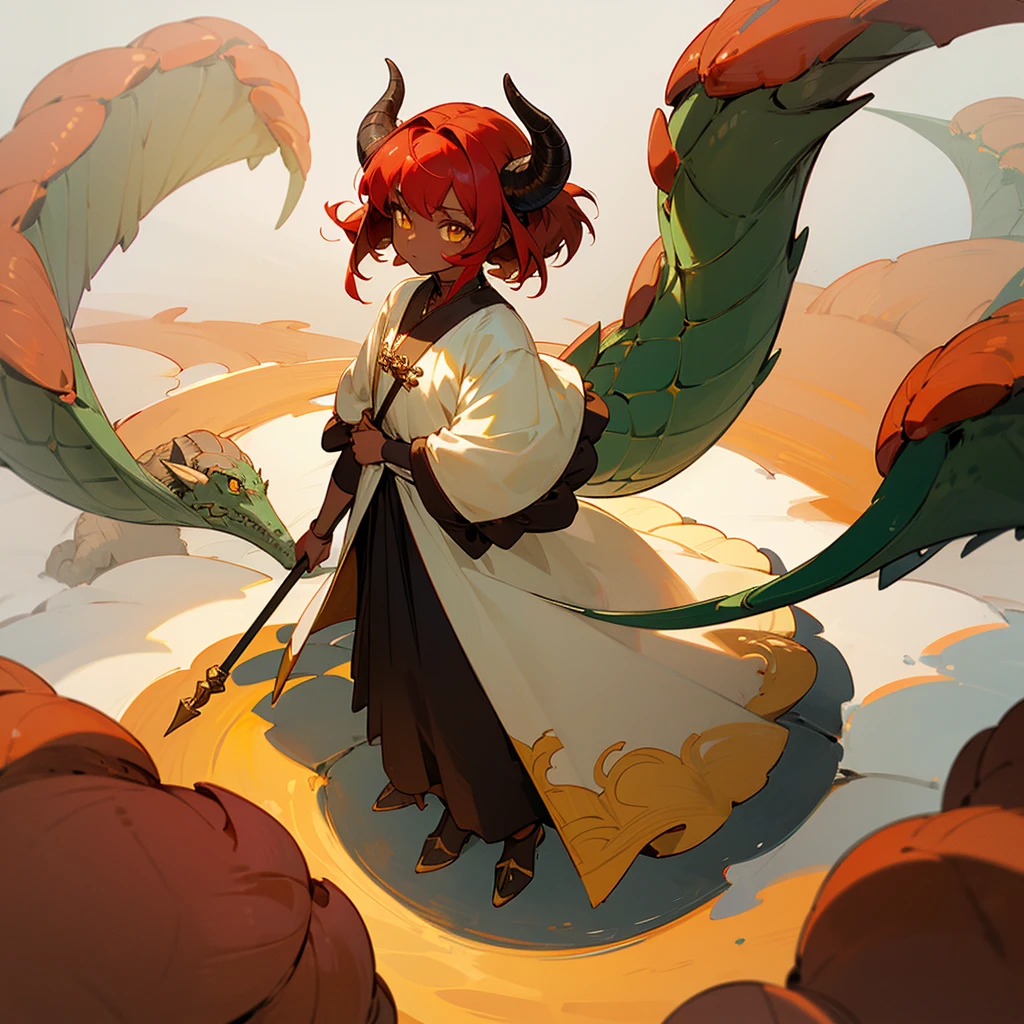 ((Best Quality)), ((Masterpiece)), (detailed), ((focus from above)), ((white background)) 1 woman, ((dark skin)), seriously face, red hair, blank, looking up, full body, standing, full body, mature body, ((yellow lighting eyes)), holding staff, punch hand, (huge sheep horns), ((visible little tusk)), small layer of grass under your feet, ((dragon tail)), walking, lava dog, large haircut.