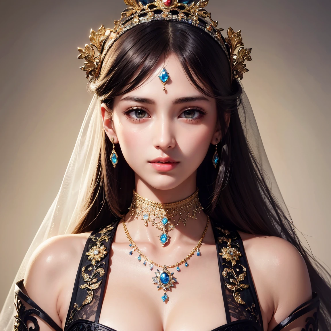 (Masterpiece, Best Quality:1.5), Illustration, Ultra-detailed, finely detail, Hight resolution, 8K Wallpaper, Perfect dynamic composition, cinematic lighting, portrait, looking at viewer, Beautiful detailed eyes, Sexy face, Perfect beautiful hands, Raw real photos, beautiful realistic face, beautiful face, perfect face, highly detailed beautiful face and eyes, attractive face, detailed face, delicate facial features, detailed skin, shiny skin, perfect anatomy, highly detailed background, elaborately designed clothes, fine cloth texture, BREAK, stunning young princess in gorgeous and luxurious dress and jewelry, perfect make-up, eyeshadow, lash extensions, lips, face tattoo, deeply in love, best smile, full of elegance