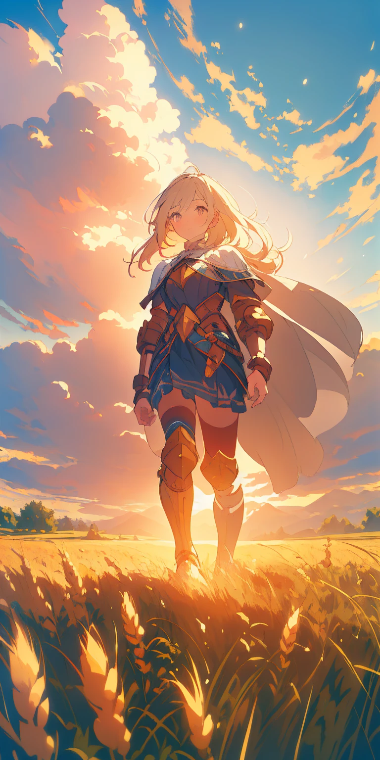 stunning painting of a knight with long blonde hair, wheat field, epic clouds ((painterly)) ((impressionist)) vibrant, soft edges (((warm glow))) full body whole body view from below 1sologirl, feet together, view from below while walking to the viewer