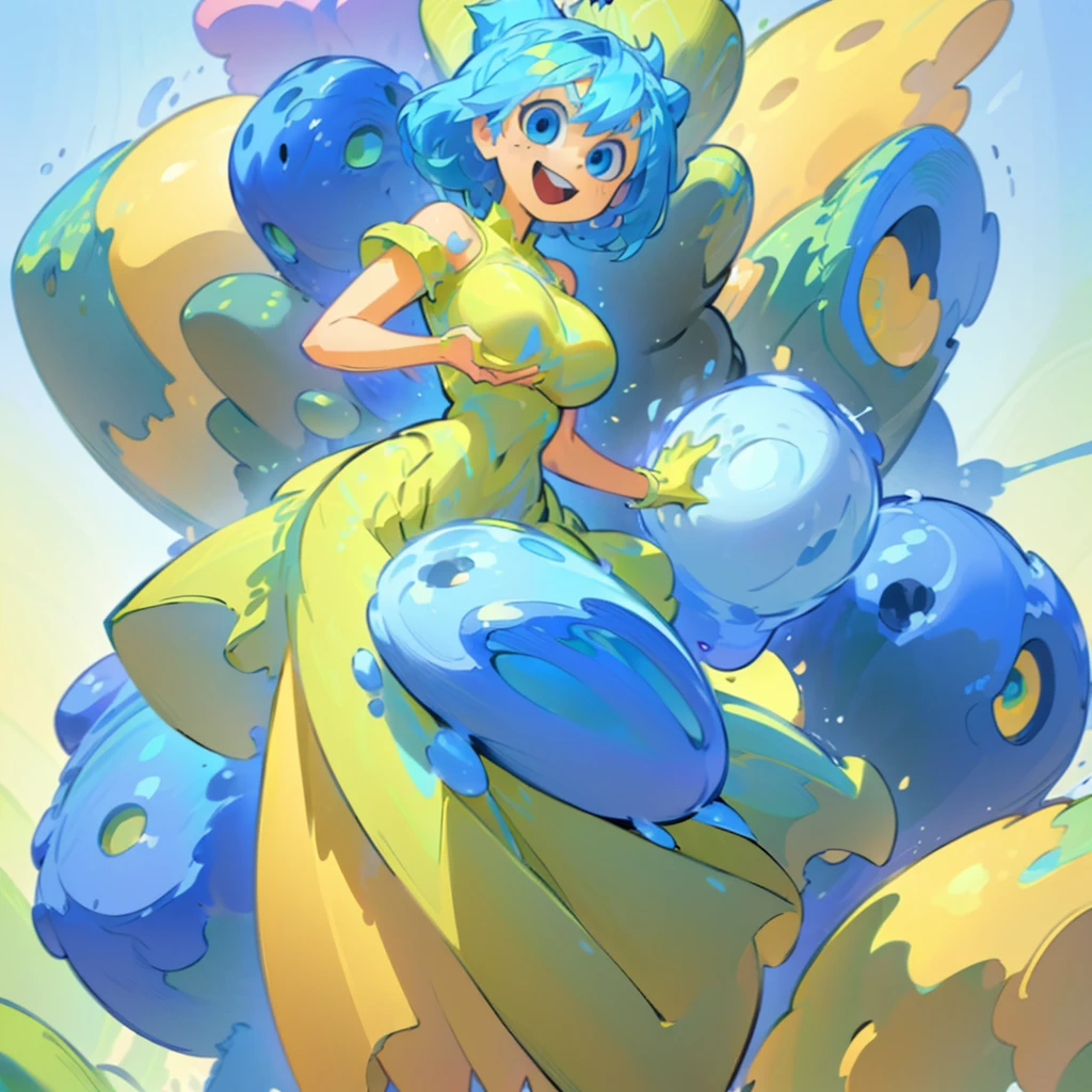 (masterpiece), ((perfect anatomy)), (high Res), (4k), joy, blue eyes, blue hair, yellow skin, huge breast, wide hips, (((green dress))), happy, (((cartoony artstyle))), (((solo))), narrow waist