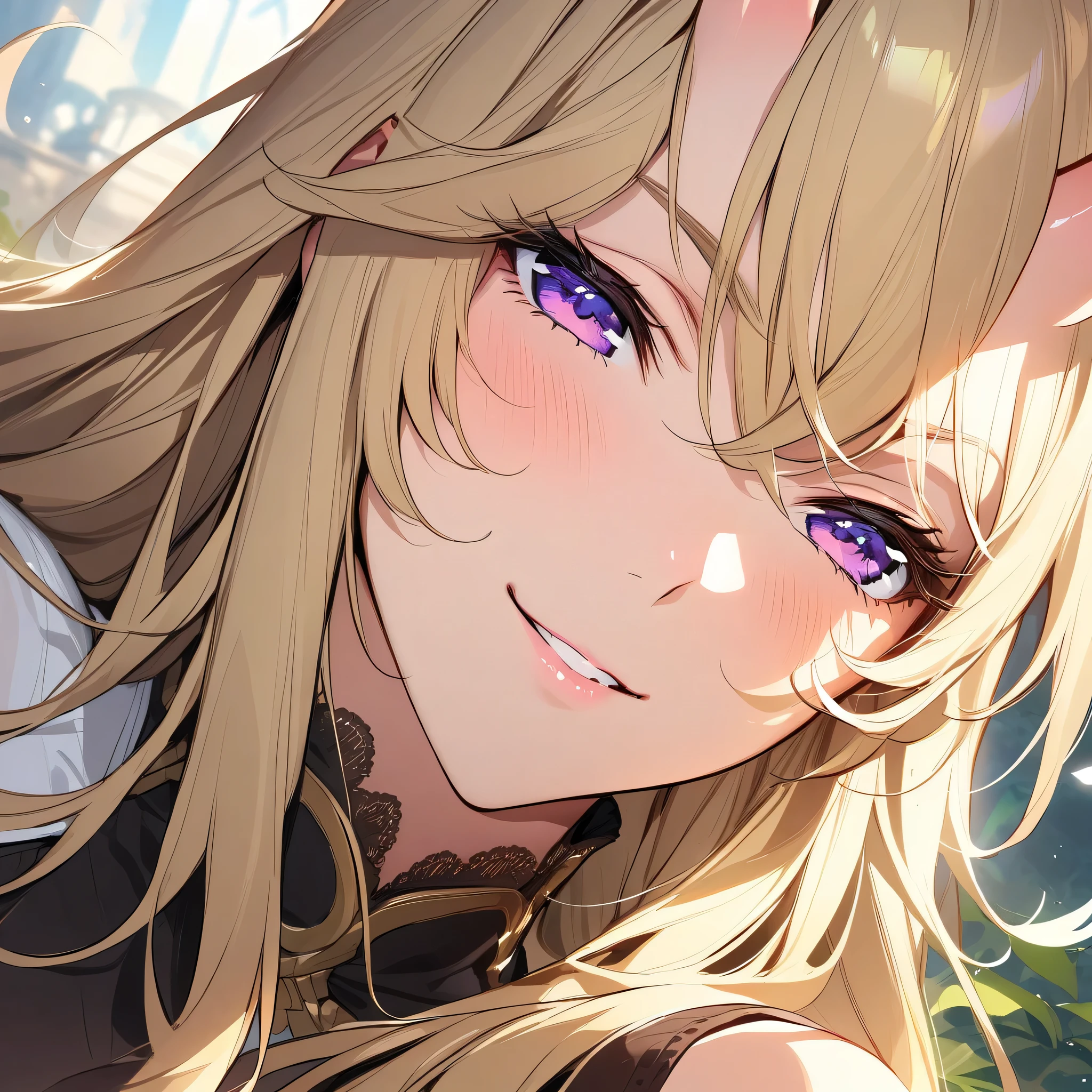 (masterpiece),(best quality),(ultra-detailed),(best illustration),(best shadow),(absurdres),(detailed background),(very aesthetic), francis(taimanin), blonde hair, long hair, purple eyes, seductive smile, oni horns, close-up, portrait, upper body view,