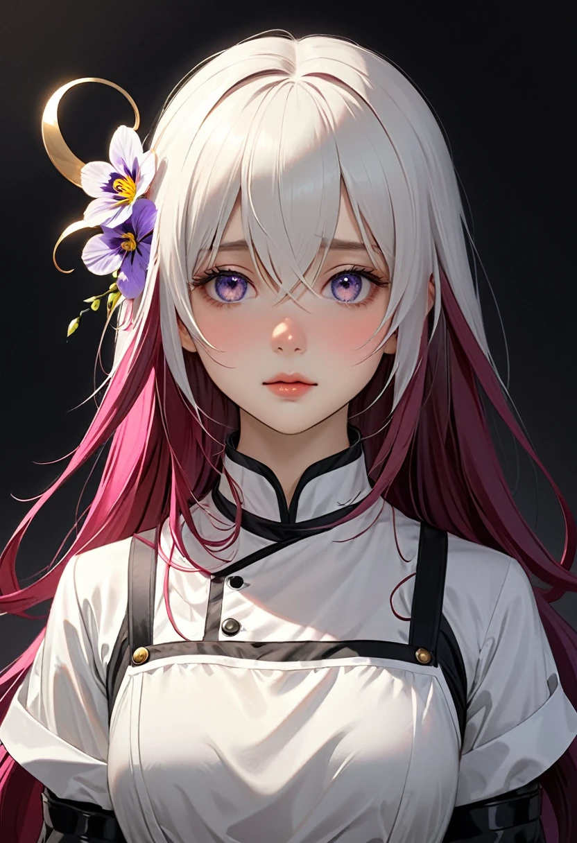 Personnage Hybride Humain-Animal-Cyborg : Un personnage hybride avec des caractéristiques humaines comme les membres de son corps et animales comme son visage inspiré par les animaux et les images précédentes aux cheveux violets. Ils ont des yeux parfaitement dessinés, des cheveux avec des rayonnements légers de blanc ou dorés, et une fourrure détaillée avec des nuances de noir, blanc et gris. Le fond est sombre, mettant en valeur les détails du personnage. Chef d'oeuvre; haute qualité, 8K, fille éblouissante, habillée très vintage en noir, blanc, gris et doré; aux yeux parfaits et égaux, des cheveux avec des rayonnements légers de blanc, dorés et rouge-fucsia, bordeaux; le thème des motifs tourbillonnants en noir et blanc émanant de ses cheveux et ses épaules reste!, conserver l'esthétique à contraste élevé avec un fond sombre, continuité en le design. Le background est toujours noir ou sombre mettre en valeur le personnage qui regarde le spectateur, au regarde doux et tendre.