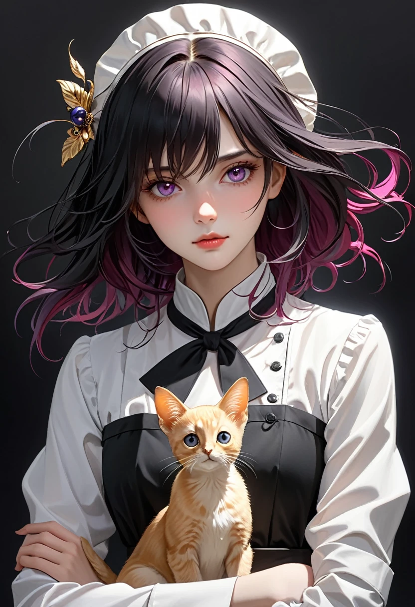 Long hair, low-tied long hair, nurse hat, eyeball, Wide eyes, Cat ears, Makeup, surrealism, surrealism, Contemporary art, Realism, image fill, Silhouette, Chiaroscuro, first person perspective, f/1.8, hyper HD, Masterpiece, 16k, 8K