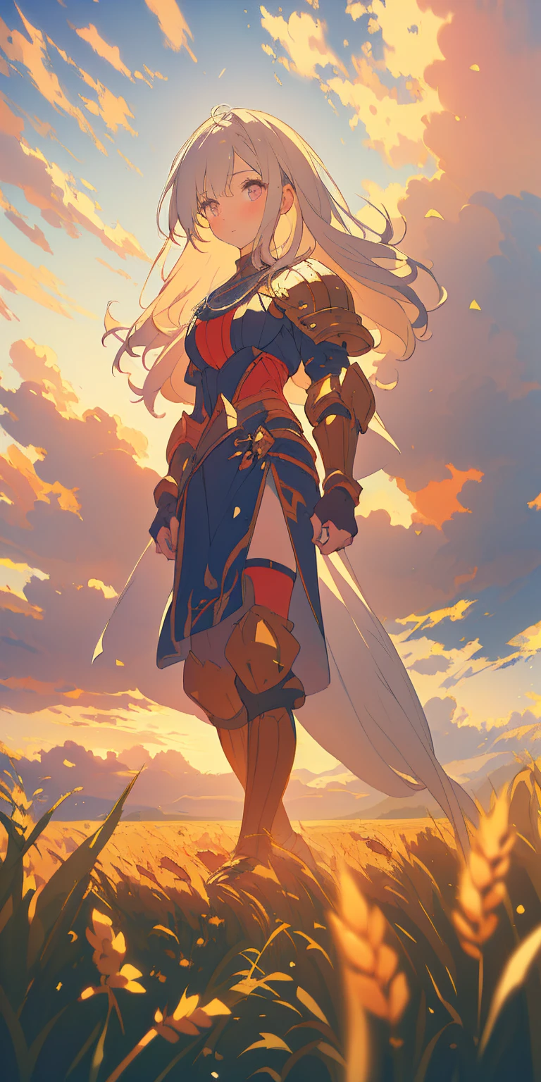 stunning painting of a knight with long blonde hair, wheat field, epic clouds ((painterly)) ((impressionist)) vibrant, soft edges (((warm glow))) full body whole body view from below 1sologirl, feet together, view from below while walking to the viewer