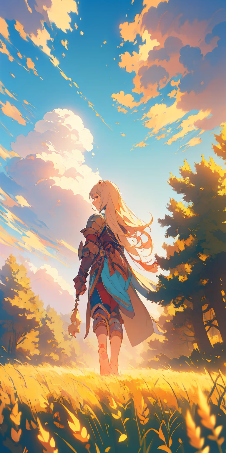stunning painting of a knight with long blonde hair, wheat field, epic clouds ((painterly)) ((impressionist)) vibrant, soft edges (((warm glow))) full body whole body view from below 1sologirl, feet together, view from below while walking to the viewer