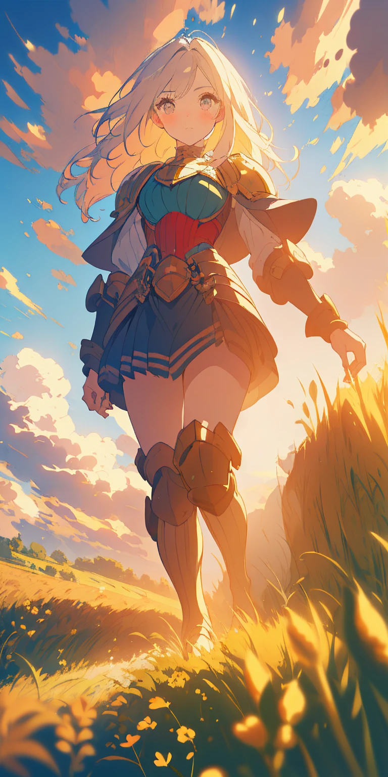 stunning painting of a knight with long blonde hair, wheat field, epic clouds ((painterly)) ((impressionist)) vibrant, soft edges (((warm glow))) full body whole body view from below 1sologirl, feet together, view from below while walking to the viewer