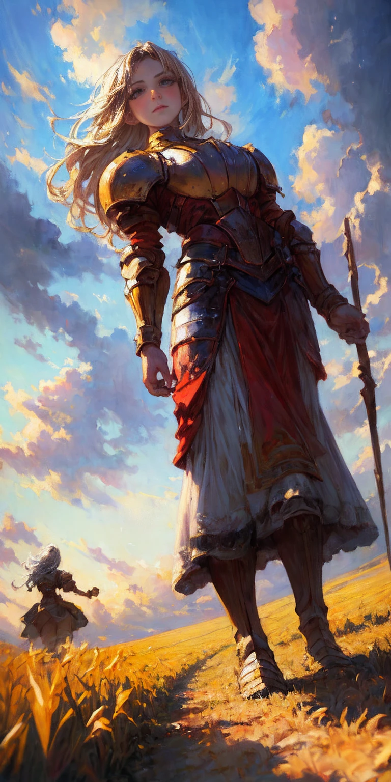 stunning painting of a knight with long blonde hair, wheat field, epic clouds ((painterly)) ((impressionist)) vibrant, soft edges (((warm glow))) full body whole body view from below 1sologirl, feet together, view from below while walking to the viewer