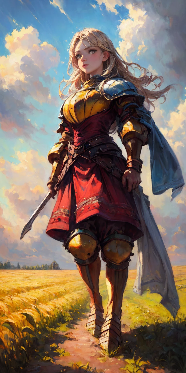 stunning painting of a knight with long blonde hair, wheat field, epic clouds ((painterly)) ((impressionist)) vibrant, soft edges (((warm glow))) full body whole body view from below 1sologirl, feet together, view from below while walking to the viewer