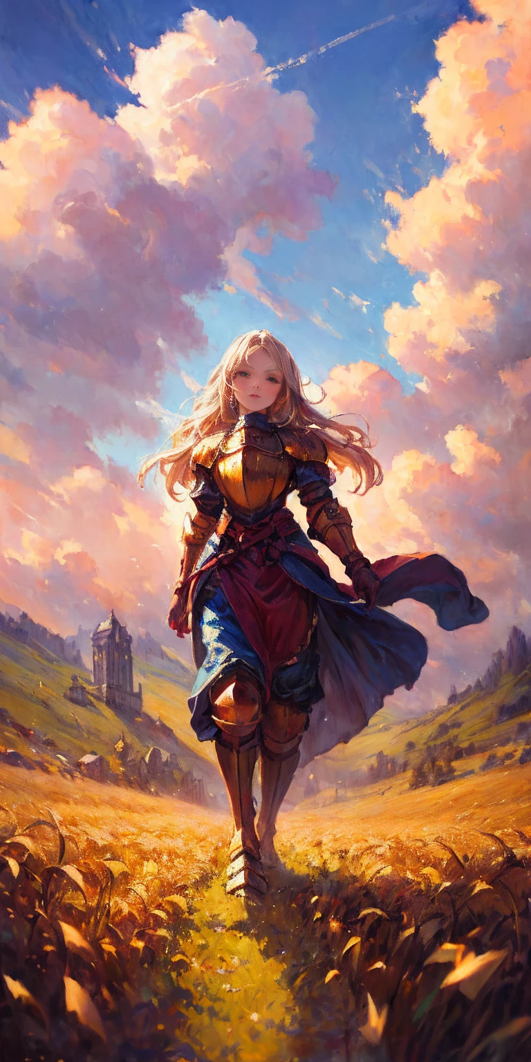 stunning painting of a knight with long blonde hair, wheat field, epic clouds ((painterly)) ((impressionist)) vibrant, soft edges (((warm glow))) full body whole body view from below 1sologirl, feet together, view from below while walking to the viewer