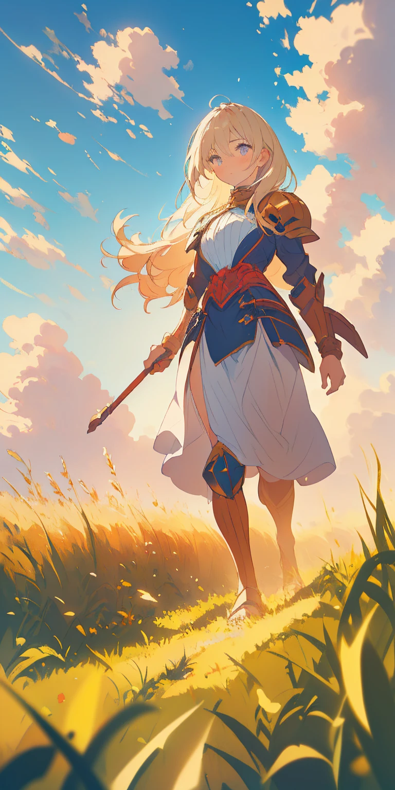 stunning painting of a knight with long blonde hair, wheat field, epic clouds ((painterly)) ((impressionist)) vibrant, soft edges (((warm glow))) full body whole body view from below 1sologirl, feet together, view from below while walking to the viewer