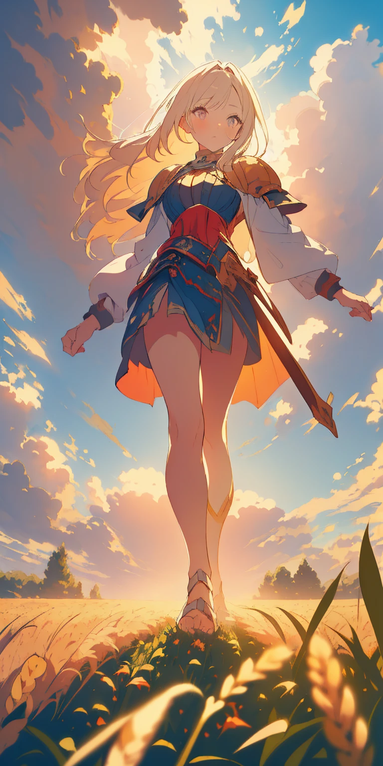 stunning painting of a knight with long blonde hair, wheat field, epic clouds ((painterly)) ((impressionist)) vibrant, soft edges (((warm glow))) full body whole body view from below 1sologirl, feet together, view from below while walking to the viewer