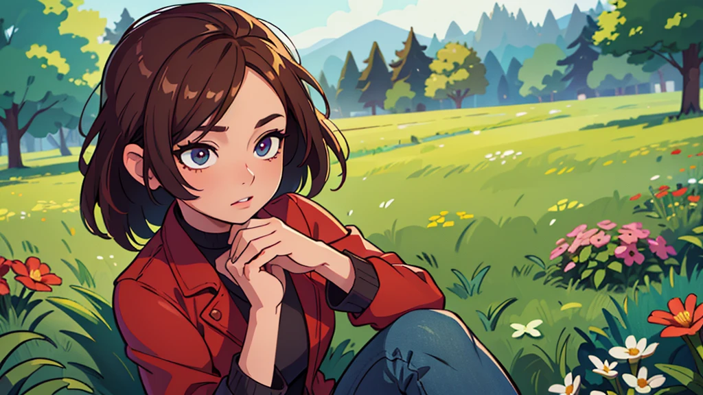 a girl in a red jacket and jeans sitting in a field of flowers, beautiful detailed eyes, beautiful detailed lips, extremely detailed eyes and face, longeyeLashes, cute expression, green grass, dream scenery, 1 person, (best quality,4k,8k,highres,masterpiece:1.2),ultra-detailed,(realistic,photorealistic,photo-realistic:1.37),HDR,UHD,studio lighting,ultra-fine painting,sharp focus,physically-based rendering,extreme detail description,professional,vivid colors,bokeh
