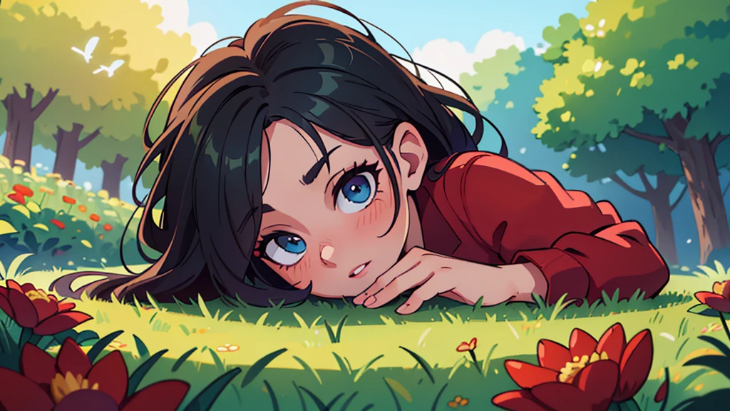 a girl in a red jacket and jeans sitting in a field of flowers, beautiful detailed eyes, beautiful detailed lips, extremely detailed eyes and face, longeyeLashes, cute expression, green grass, dream scenery, 1 person, (best quality,4k,8k,highres,masterpiece:1.2),ultra-detailed,(realistic,photorealistic,photo-realistic:1.37),HDR,UHD,studio lighting,ultra-fine painting,sharp focus,physically-based rendering,extreme detail description,professional,vivid colors,bokeh
