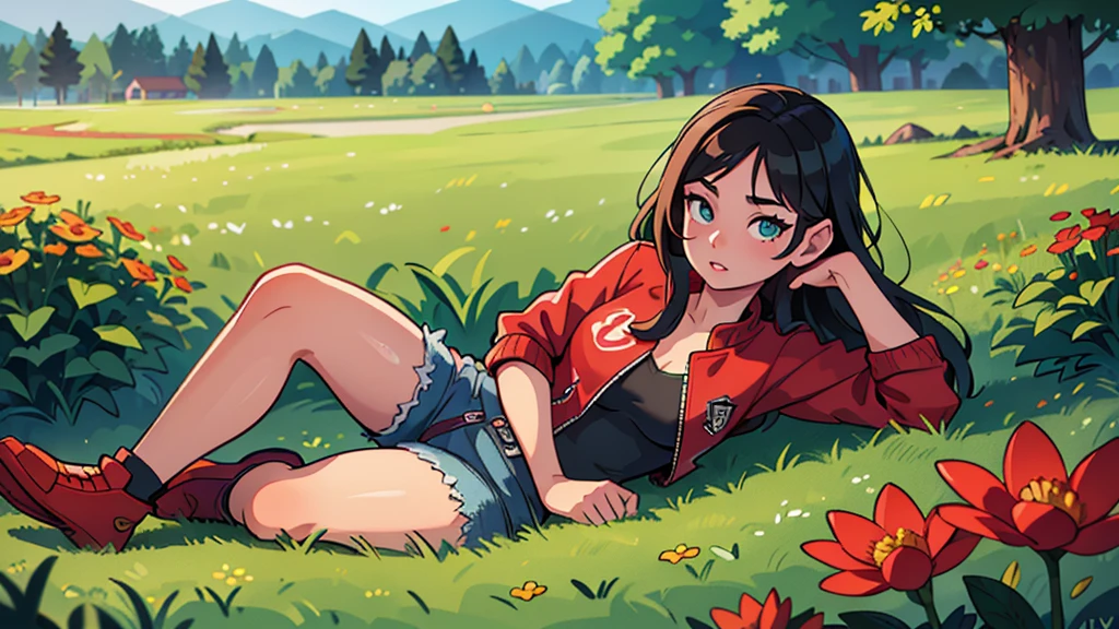 a girl in a red jacket and jeans sitting in a field of flowers, beautiful detailed eyes, beautiful detailed lips, extremely detailed eyes and face, longeyeLashes, cute expression, green grass, dream scenery, 1 person, (best quality,4k,8k,highres,masterpiece:1.2),ultra-detailed,(realistic,photorealistic,photo-realistic:1.37),HDR,UHD,studio lighting,ultra-fine painting,sharp focus,physically-based rendering,extreme detail description,professional,vivid colors,bokeh