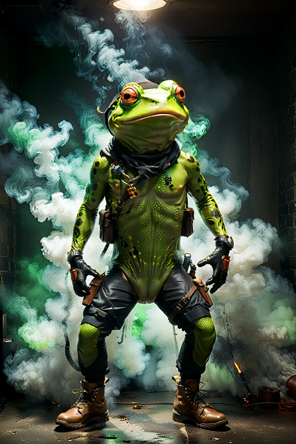 So you can edit it later、An anthropomorphic frog wearing combat gear is jumping with a mysterious smoke in the background, leaving space above his head、A mysterious green light pierces it. Create an image with this composition according to the following rules:。
 High resolution textures、Texture、Realなディテール、
The background is dark、Mysterious and、There is a good atmosphere、Dramatic lighting and high contrast images、Extremely high resolution to create photo-realistic card game patterns。
The design will be surrounded by a border、80 from the center of the space so that the character is not hidden%Please。
Use indirect lighting and textured backgroundake the central character stand out。
Full body portrait、Dynamic pose。
 にかくテクスチャがRealで細かいファッションの服。
Fashionable sneakers、boots、Sandals、hat、Smoke Accessories Necklace、Earrings、ring、bandana car、bike、Tattoos etc.、Choose according to your outfit and mood。
Real、8K




(masterpiece、Highest quality、high detail、超Real:1.2)、 
Anthropomorphic animals、Full body portrait

(Photorealistic:1.4), Cinematic lighting, 8K  UHD、 
Professional Photography、

(詳細な毛皮のTexture:1.3), Expressive eyes、 
Designer clothing、Luxury Brands、 
(Perfect tailoring:1.2), High Fashion Accessor
Moody atmosphere、Dramatic Shadows、 
High contrast lighting、Depth of written boundary、
Film Grain、Color Grading、

(Color Palette：1.3）、（Calm earth colors：1.2）、 
(Rich Brown：1.1）、（Deep Gray：1.1）、（subtle gold accents：1.0）、
(warm color：1.1）、（Color harmony：1.2）、

(Soft diffused lighting：1.2）、（Rim lighting：1.1）、
(Volumetric Lighting:1.0), (Ambient Occlusion:1.1)

