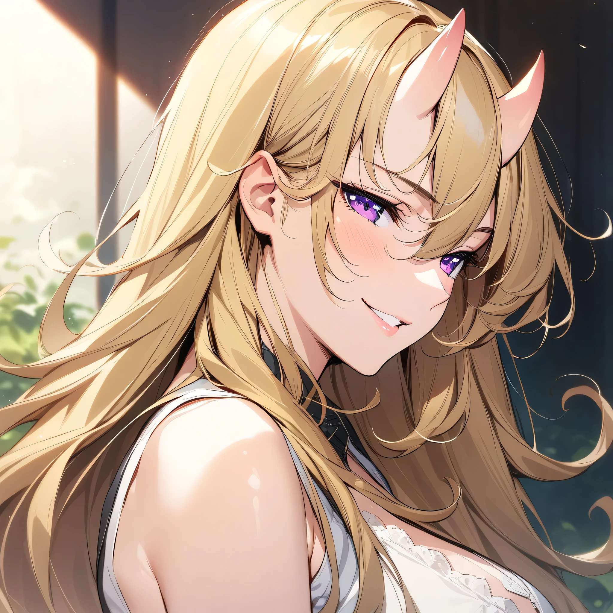 (masterpiece),(best quality),(ultra-detailed),(best illustration),(best shadow),(absurdres),(detailed background),(very aesthetic), francis(taimanin), blonde hair, long hair, purple eyes, seductive smile, oni horns, close-up, portrait, upper body view,