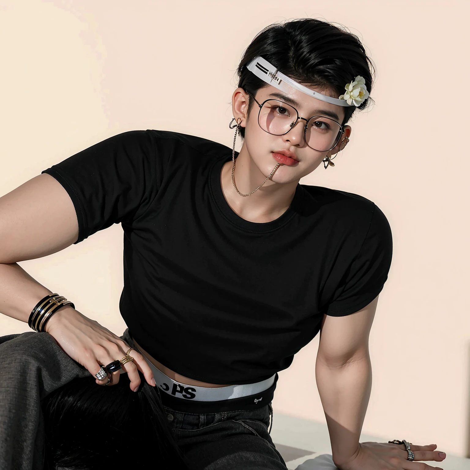 Asian boy, good lighting, smooth hair, glossy skin, blur background, high quality, 8k resolution, sitting, glossy floors, socks, hairclips, glasses, bracelet, crop top