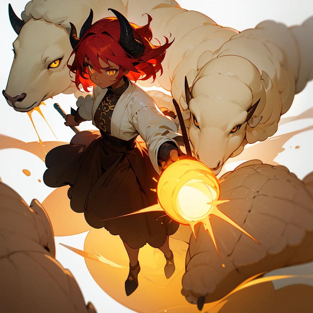  ((Best Quality)), ((Masterpiece)), (detailed), ((focus from above)), ((white background)) 1 woman, ((dark skin)), seriously face, red hair, blank, looking up, full body, standing, full body, mature body, ((yellow lighting eyes)), holding staff, punch hand, (huge sheep horns), ((visible little tusk)), small layer of grass under your feet, ((dragon tail)), walking, lava dog, large haircut, fighting, lighting bolt.