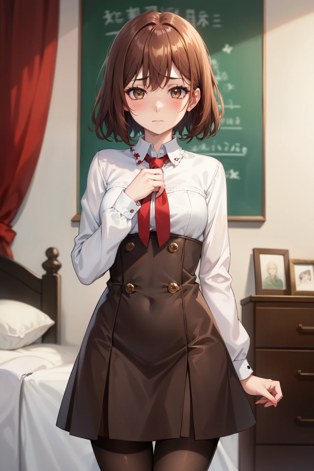 Highest quality, (masterpiece:1.2), Very detailed, 
One girl, alone,
View your viewers, Embarrassed expression, Medium chest, 
Brown eyes, Brown Hair, short hair, Hostess Dress、pantyhose、Bedroom