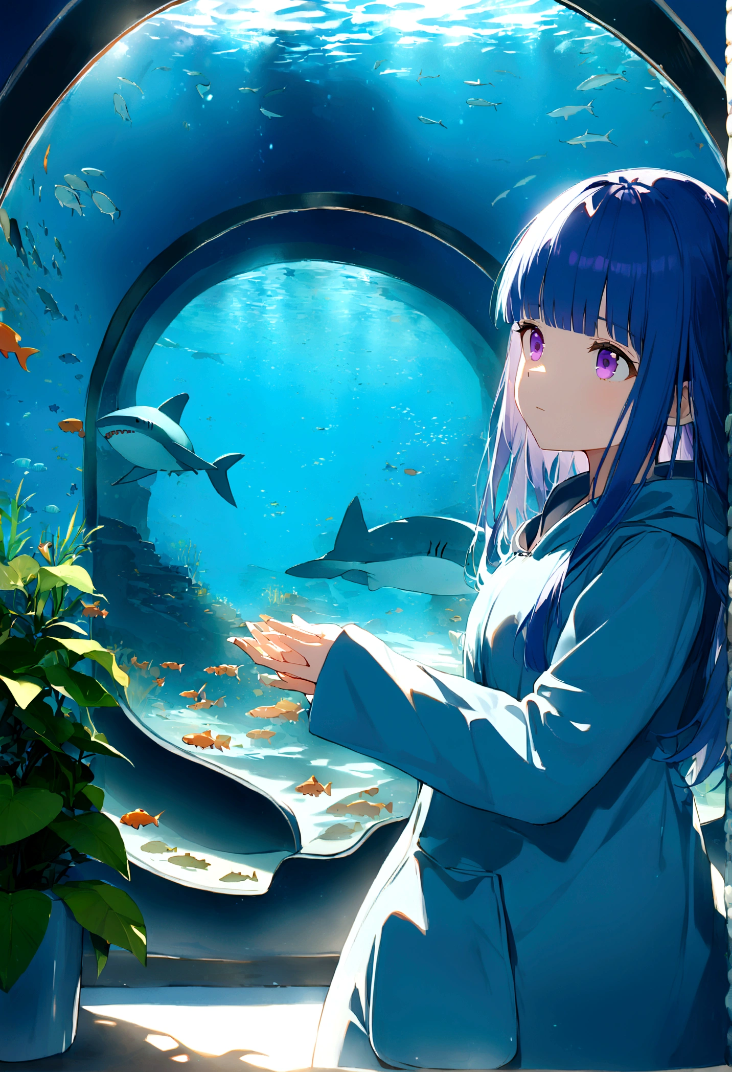1 Girl, alone, Blue Hair, Purple eyes, Long Hair, blunt bangs, bangs,(Shark Costume), aquarium, Glass tunnel, sea creature, school of fish, illumination, Blue light, Aquarium, reflection, adventure, Light effects, mysterious