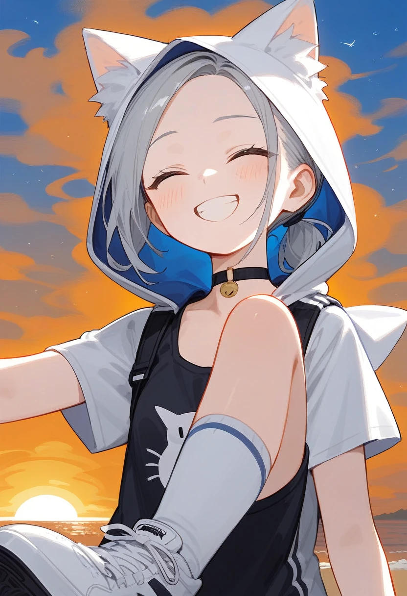 score_9,score_8_consolation,score_7_consolation,1 woman,Iam(Water (ark),either,sky색 눈,alone,short cut,short ponytail,gray hair,sky,forehead,Oriopathy lesions (ark),afternoon,laugh,blush,either,infection monitor (ark),Foreshortening,sun,white hood,cat ears,Short hot pants,White Socks,canvas sneakers,cute,small in size,There is a choker around the neck