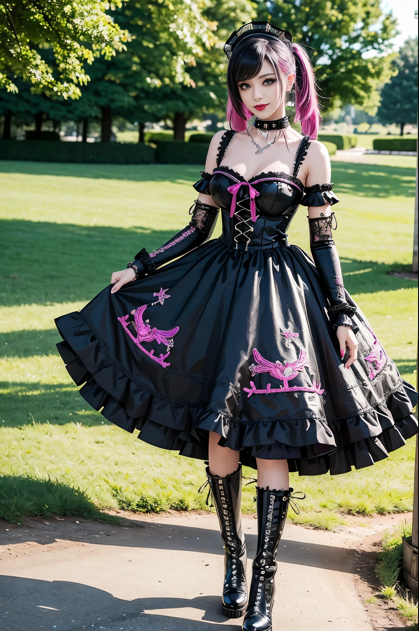 sexy stylish female model, only 1 female, ((doll-like appearance)), long dramatic stylish hair, ((shiny Punk-Style boots)), (happy smile), ultra detailed eyes, lipgloss, ((sexy Punk Lolita cosplay)), unconventional skirt, petticoats, high neckline, ((ultra detailed lace)), ((ultra detailed embroidery)), intricate details, tartan patterns, safety pins, Punk Lolita accessoires, Punk Lolita choker, ((large sparkling Punk Lolita jewelry)), cinematic light, detailed large park background with trees