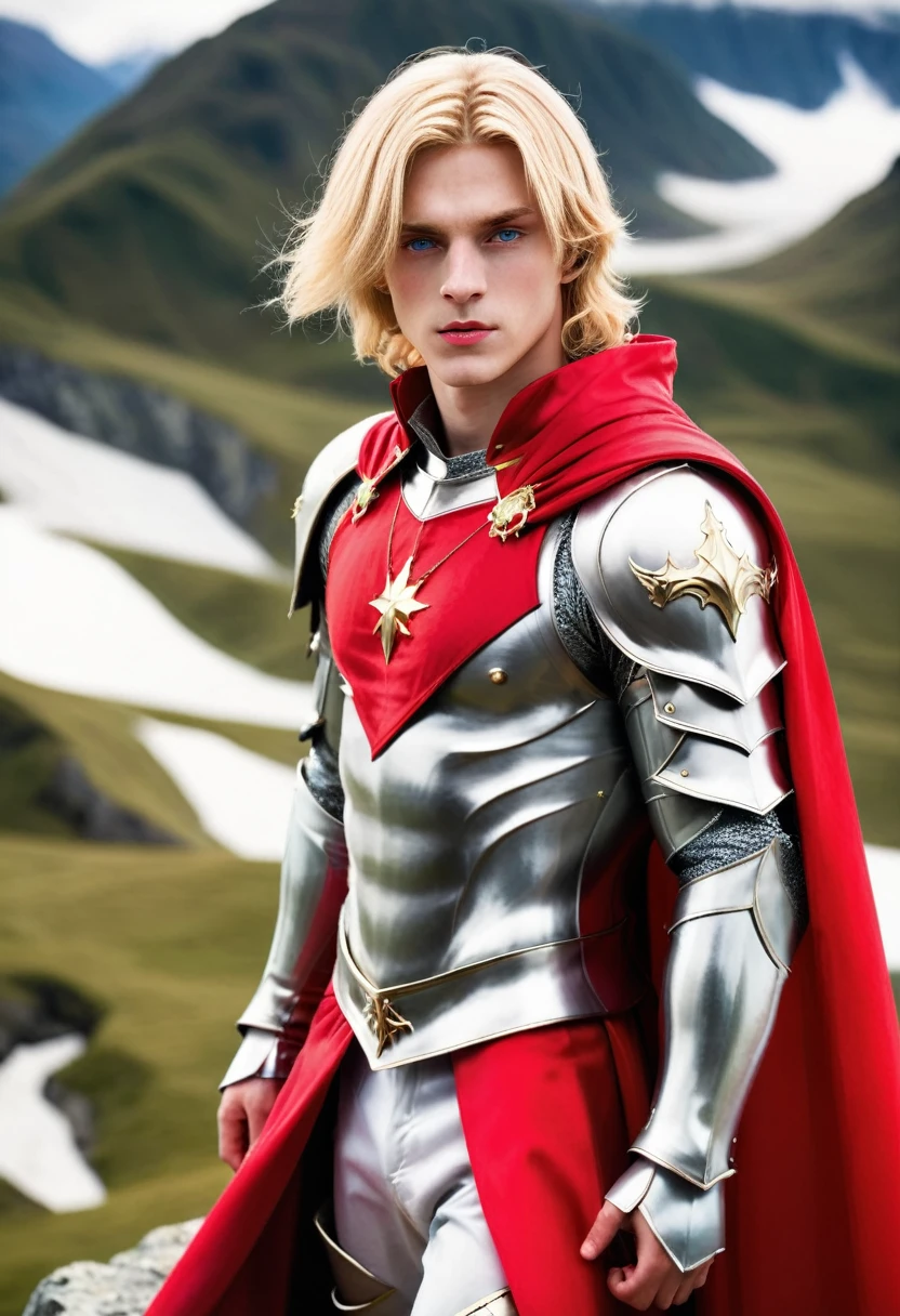 high-quality picture expressing overwhelming success and power. A 20 year old blond male prince wearing glorious armor with a red cape standing on top of the world