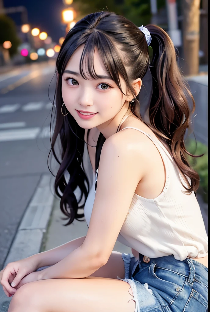 (Highest quality,masterpiece:1.3,Ultra-high resolution),(Very detailedな、Caustics) (Photorealistic:1.4, RAW shooting、)Ultra-Realistic Capture、Very detailed、Natural skin texture、masterpiece、(Sequin tank top and short denim pants:1.3)、1 Japanese girl、Adorable expression、Expressions of Happiness、14 years old、Young Face、Surprisingly cute、Twin tails、Curly Hair、Black Hair、Scrunchie、Earrings、necklace、light makeup、A big bust that seems to burst、This photo was taken on a busy street at night..、Shining thighs、Sit on a bench on the sidewalk、Shooting from the side、smile、An inviting gaze、