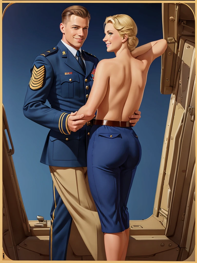 Illustration in the style of Leyendecker: A handsome blond boy, , dressed only in swimming trunks, looks at the dress SEAL officer's uniform with awards, which hangs on a suit hanger on the floor. A muscular blond SEAL officer is watching him from behind, 3, dressed only in string, handsome and arrogant.