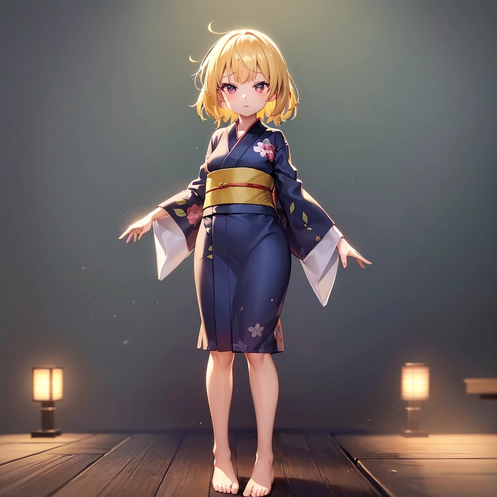 ((Japanese-style yukata)),(In a naughty way),e litiny ,Small girildish face, Very fine clean face,Top quality,Straight Hair,Yellow hair,(Dark Room), Subtle light, Natural light,Soft lighting,Light from directly behind,(Open your hands), (Are standing),Front view,Black background