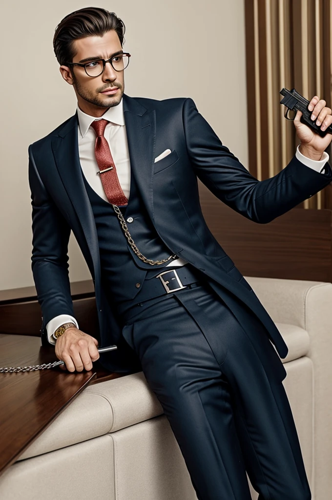 Draw a man in an elegant suit with glasses and a gun chain on Ferrari