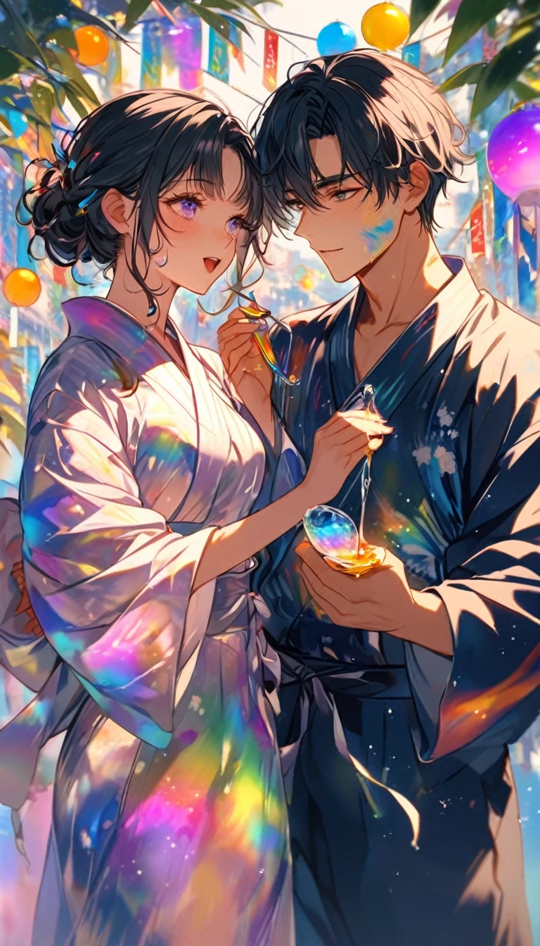 Stripを見つめ合うTwo people、Two people、Tanabata、Strip、Bamboo leaf、Stripに願いをこめて、Grilling in a yukata,fluid,Particles of light, dream-like,Sparkling,dream-like glow,Paint drips,oil,strong stroke,Paint drips,Splash Paint Drop, oil,(Abstract:1.2)A girl and a boy made up of(Tanabataライトトレース:1.25),Change to (Radioluminescence light tracking) スタイルTanabataのSummer festival,Two peopleは織姫と彦星(Cowboy Shot),Temple Fair,Summer festival,Shining in rainbow colors、16K, Ultra-high resolution, to be born,wonderful ,future、Iridescent、The world 30 years from now。