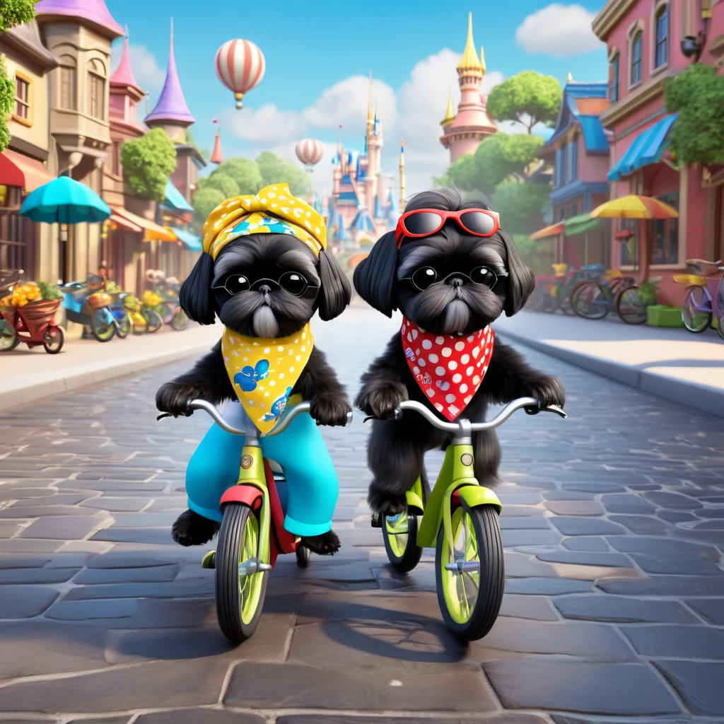 2 Adorable small black Shih Tzu puppies wearing bright bandannas and sunglasses riding bicycles Disney background 3d cartoon 3d render disney pixar style