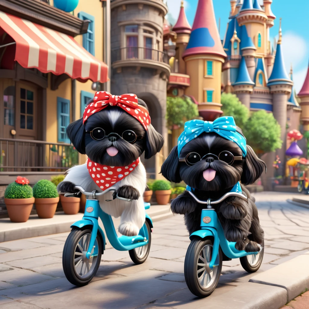 2 Adorable small black Shih Tzu puppies wearing bright bandannas and sunglasses riding bicycles Disney background 3d cartoon 3d render disney pixar style