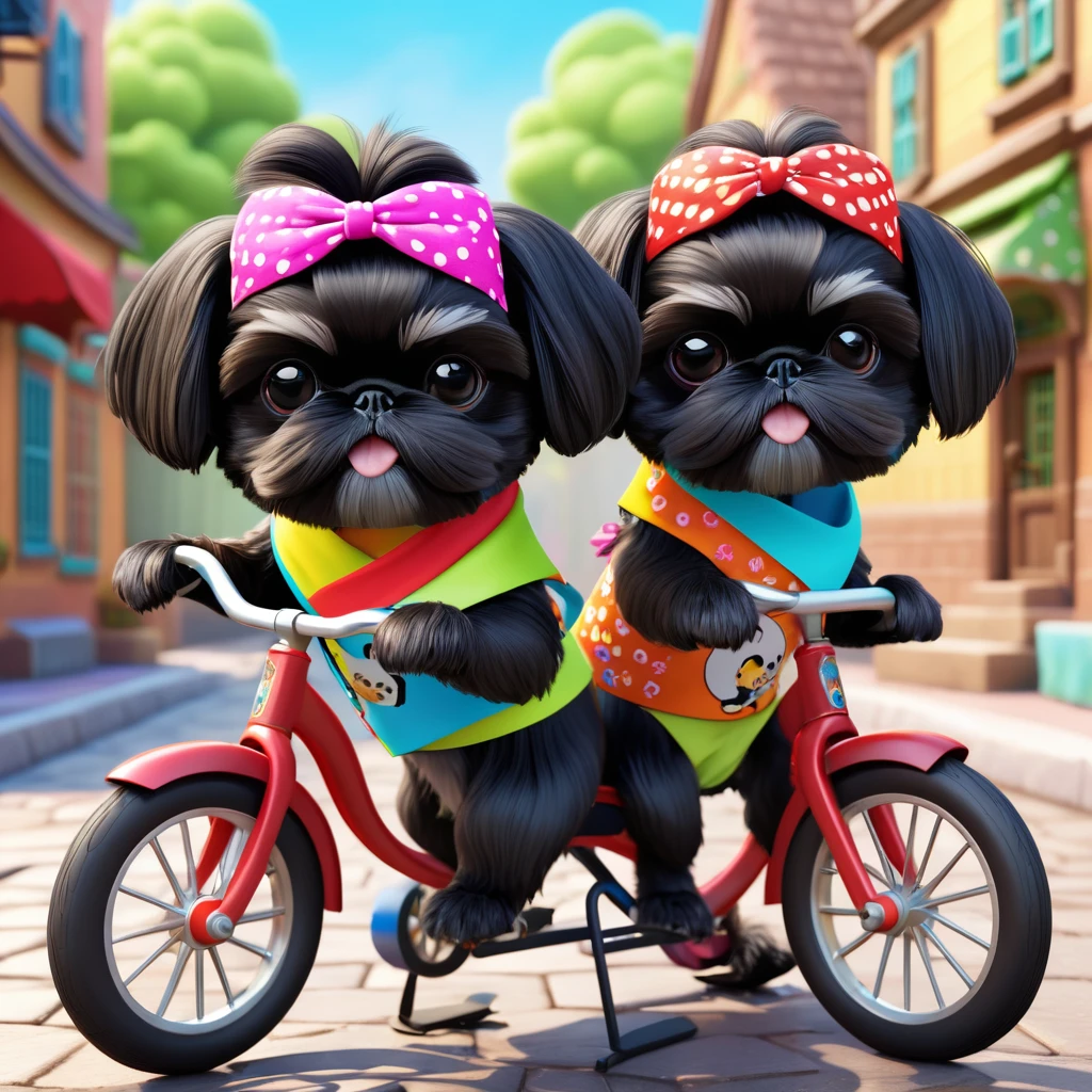 2 Adorable small black Shih Tzu puppies wearing bright bandannas and sunglasses riding bicycles Disney background 3d cartoon 3d render disney pixar style