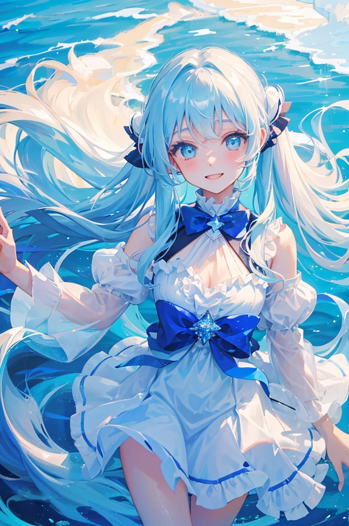 A girl in water with lots of bubbles Light blue long hair Beautiful girl with twin tails In crystal clear water Smiling Girl