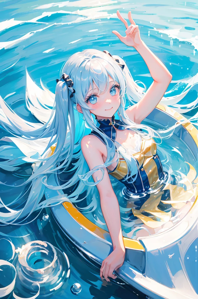 A girl in water with lots of bubbles Light blue long hair Beautiful girl with twin tails In crystal clear water Smiling Girl