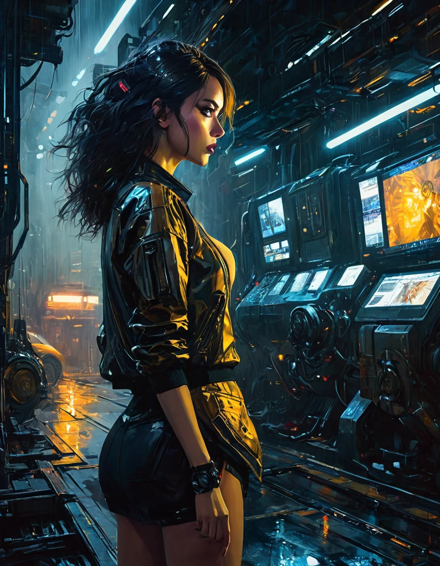 (highly detailed,cinematic lighting,dramatic colors,intricate machinery,futuristic technology,epic scale,moody atmosphere,sexy girl in scene, dark and gritty,masterpiece,best quality,8k,photorealistic,professional) (art inspired in Bill Sienkiewicz). oil painting)