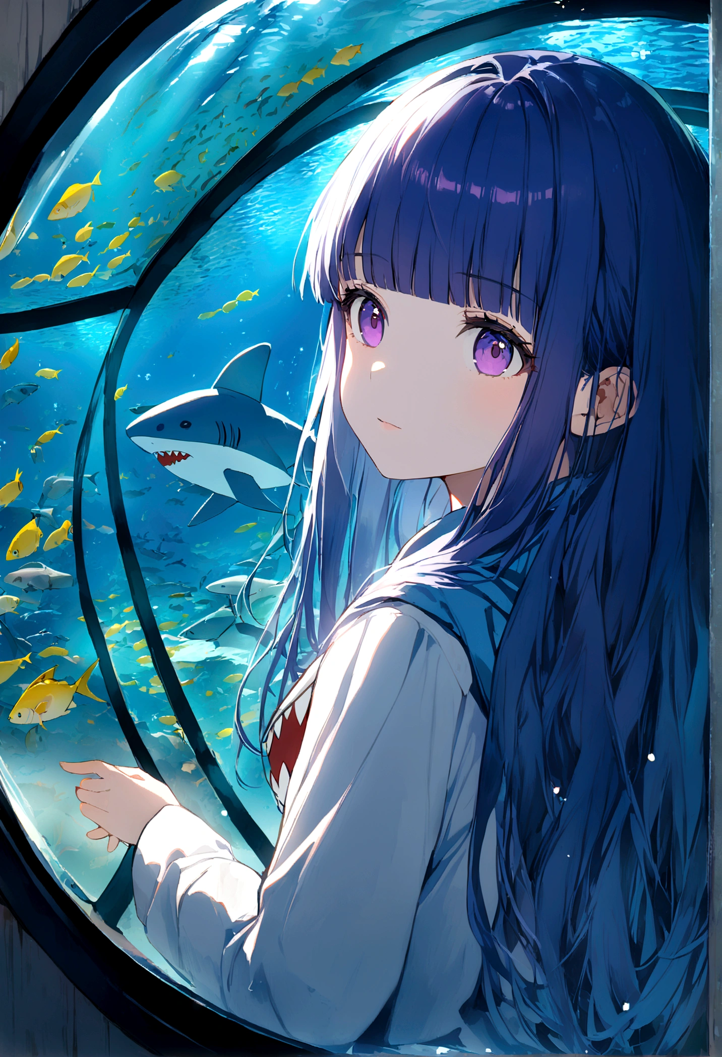 1 Girl, alone, Blue Hair, Purple eyes, Long Hair, blunt bangs, bangs,(Shark Costume), aquarium, Glass tunnel, sea creature, school of fish, illumination, Blue light, Aquarium, reflection, Light effects, mysterious