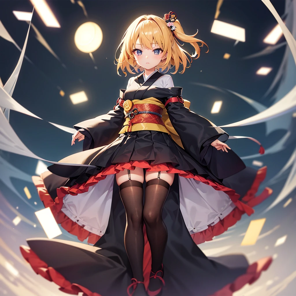 ((Japanese style)),ta Fashion,(mini skirt),(Frills),(Revealing clothing),(In a naughty way),Cute little ,Tiny ,Small girl,,Childish face, Very fine clean face,Top quality,Straight Hair,Yellow hair,(Dark Room), Subtle light, Natural light,Soft lighting,Light from directly behind,(Open your hands), (Are standing),Front view,Black background