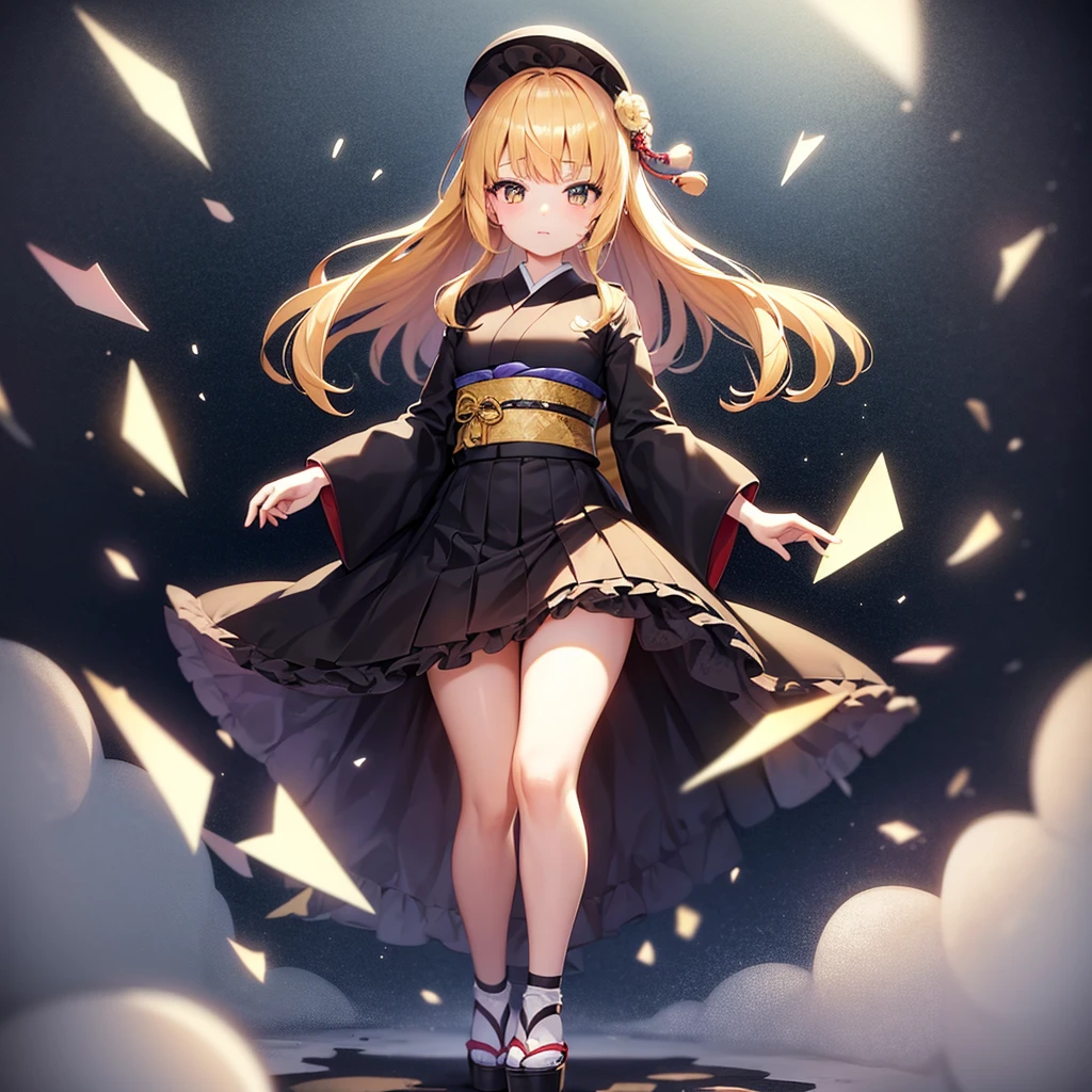 ((Japanese style)),Lolita Fashion,(mini skirt),(Frills),(Revealing clothing),(In a naughty way),Cute little ,Tiny ,Small girl,,Childish face, Very fine clean face,Top quality,Straight Hair,Yellow hair,(Dark Room), Subtle light, Natural light,Soft lighting,Light from directly behind,(Open your hands), (Are standing),Front view,Black background