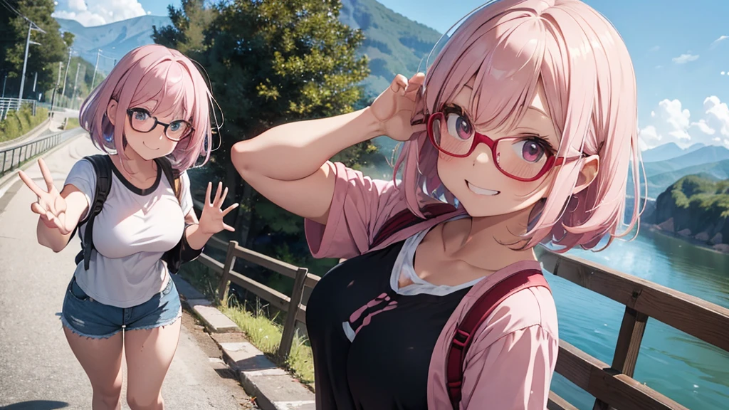One person,whole body,Right leaning,Light pink hair,Bob Hair,Red Glasses,Shorts,登Mountainウェア,dam,Mountain,smile,Big Breasts,cute,wave hands