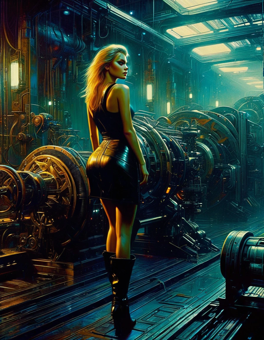 (highly detailed,cinematic lighting,dramatic colors,intricate machinery,futuristic technology,epic scale,moody atmosphere,sexy girl in scene, dark and gritty,masterpiece,best quality,8k,photorealistic,professional) (art inspired in Bill Sienkiewicz). oil painting)