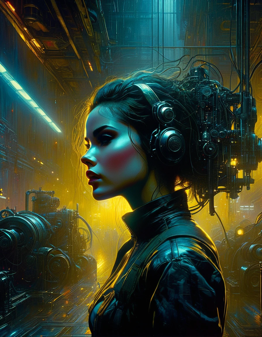 (highly detailed,cinematic lighting,dramatic colors,intricate machinery,futuristic technology,epic scale,moody atmosphere,sexy girl in scene, dark and gritty,masterpiece,best quality,8k,photorealistic,professional) (art inspired in Bill Sienkiewicz). oil painting)
