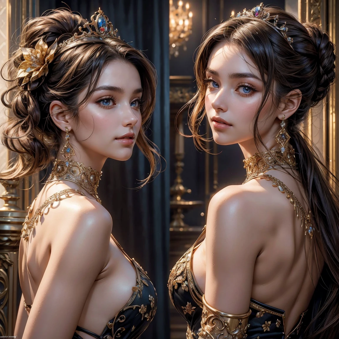 NSFW, (masterpiece, best quality), ultra detailed, high resolution, 16k, the most beautiful face in the world, perfect face, delicate facial features, highly detailed beautiful face and eyes, shiny skin, highly detailed background, elaborately designed clothes, fine cloth texture, BREAK, the incarnation of beauty, goddess of beauty, incredibly beautiful close-up macro photos of gorgeous and stunning face, highest princess in gorgeous and luxurious jewelry, perfect make-up, deeply in love, best smile, kiss, full of elegance, (three view drawing, front and back and side, character sheet:1.3)