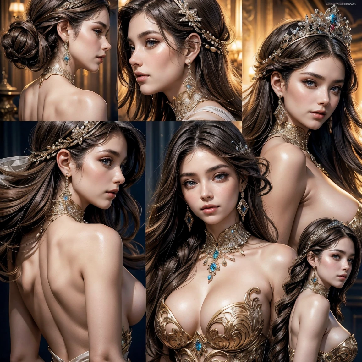 NSFW, (masterpiece, best quality), ultra detailed, high resolution, 16k, the most beautiful face in the world, perfect face, delicate facial features, highly detailed beautiful face and eyes, shiny skin, highly detailed background, elaborately designed clothes, fine cloth texture, BREAK, the incarnation of beauty, goddess of beauty, incredibly beautiful close-up macro photos of gorgeous and stunning face, highest princess in gorgeous and luxurious jewelry, perfect make-up, deeply in love, best smile, kiss, full of elegance, (three view drawing, front and back and side, character sheet:1.3)