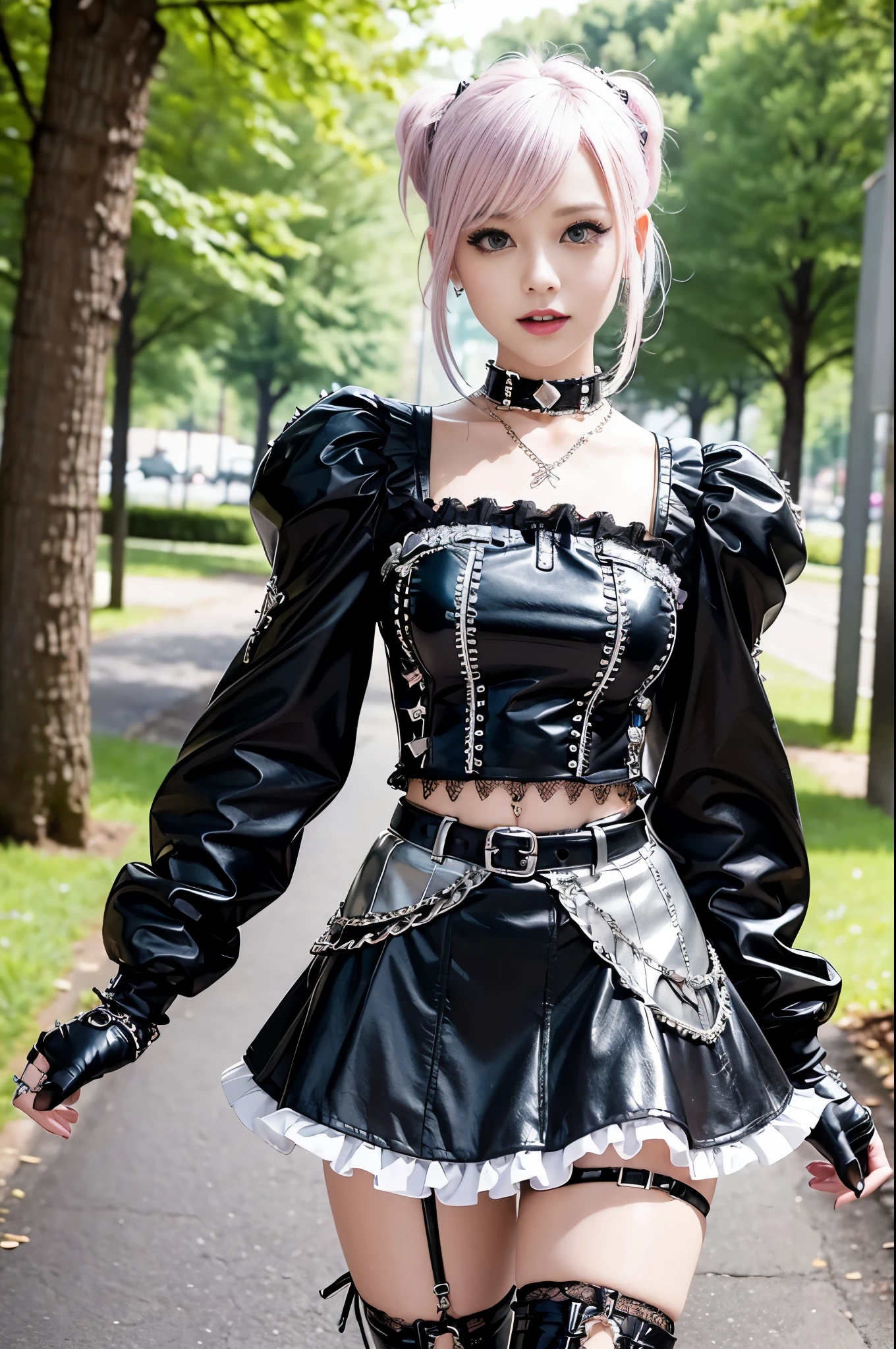 sexy stylish Swedish model, only 1 female, ((doll-like appearance)), short neon pink stylish hair, ((shiny Punk-Style boots)), (happy smile), ultra detailed eyes, Punk makeup, lipgloss, ((sexy Punk ta cosplay)), unconventional skirt, petticoats, high neckline, ((ultra detailed lace)), ((ultra detailed embroidery)), intricate details, tartan patterns, (silver chains), (silver spikes), (safety pins), Punk Loliccessoires, Punk Lolita cr, ((large sparkling Punk Lolita jewel, cinematic light, detailed large park background with trees