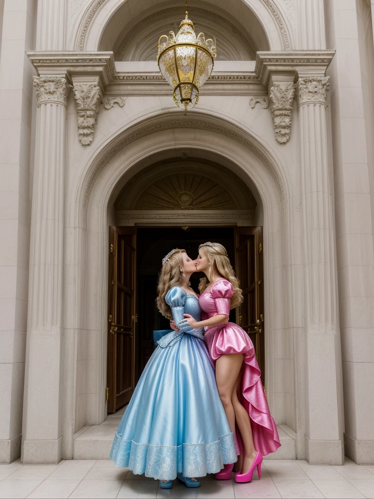 Make two woman wearing a cinderella hot pink princess dress,The womans are brunette and blonde, tem 25 anos, usa uma coroa, Palace environment,big breast, hoop skirt, smiling, high heels, 4k, detailded photo, full body,lesbian woman, kissing
